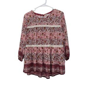 Jolt  Pink&Burgundy Bohemian Floral Long Sleeve Top Blouse SZ M Tiered Design